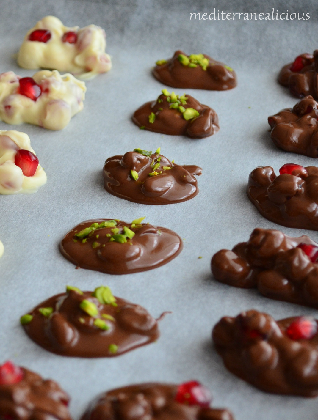 Chocolate Bites with Pomegranate Seeds and Fresh Pistachios